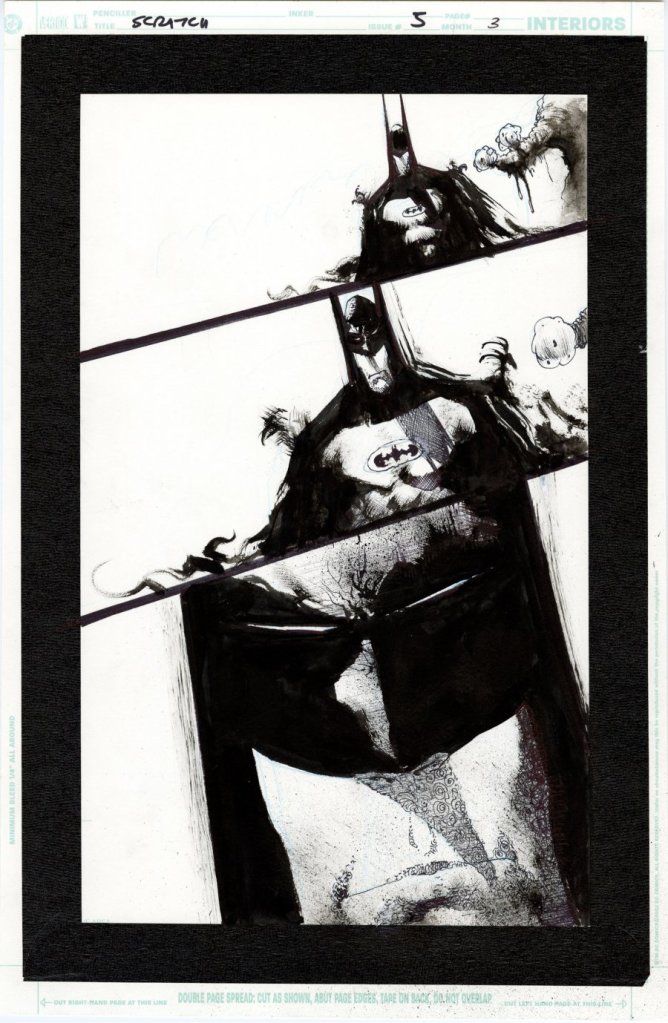 Tavola originale di Sam Kieth per Batman. Un disegno a inchiostro in bianco e nero che mostra il suo stile grottesco e viscerale applicato al personaggio DC Comics